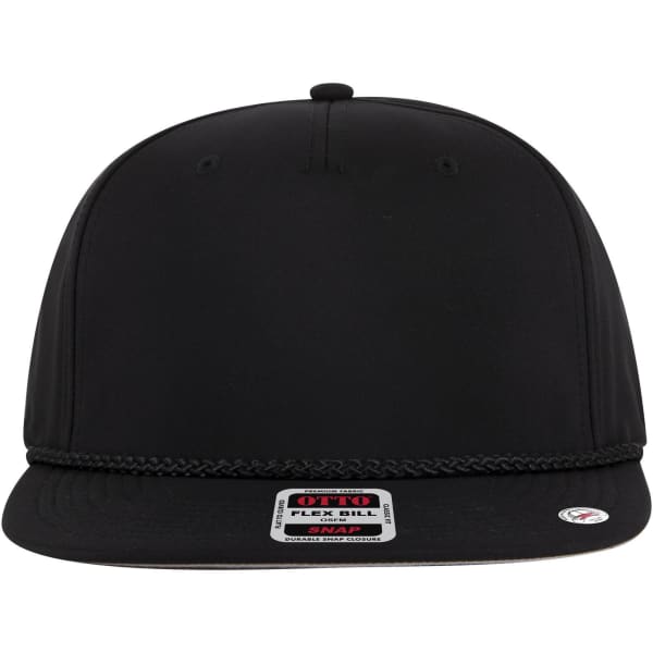 A black snapback cap with a flat visor and decorative stitching, featuring a logo on the front.