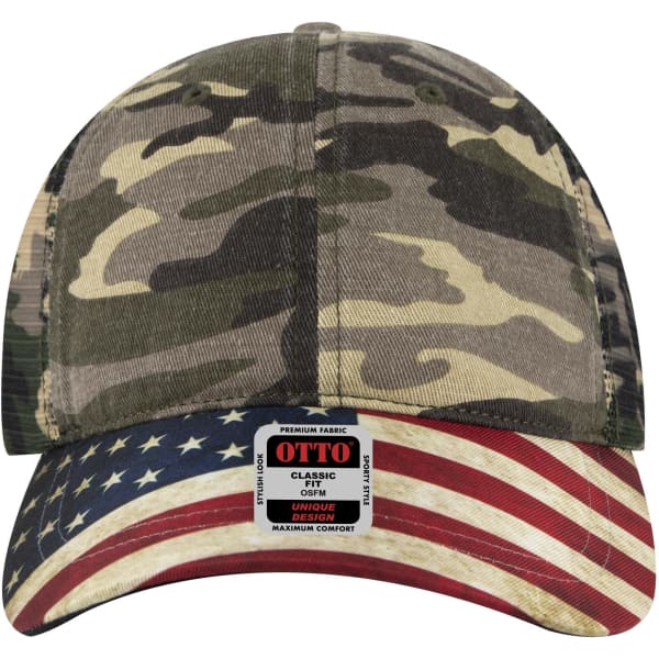 A camo-patterned cap with a low profile and a curved brim featuring an American flag design on the underside.