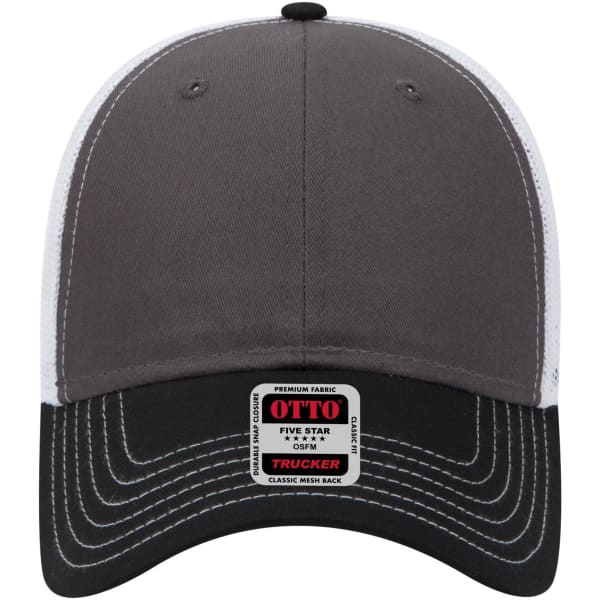 A grey and black 6 panel low profile trucker cap with a mesh back and a logo on the front.