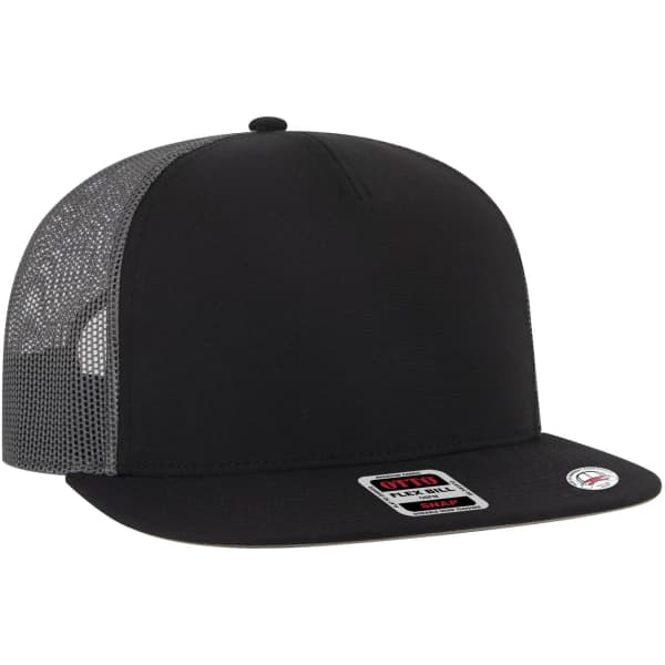 A black 5 Panel Pro Style Trucker Cap with a mesh back and a logo on the side.