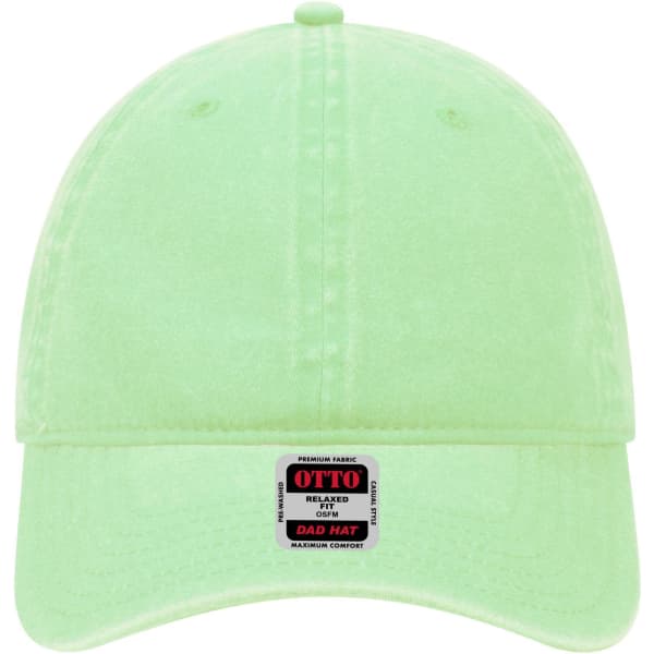 A light green 6 Panel Low Profile Dad Cap featuring a logo label at the front.