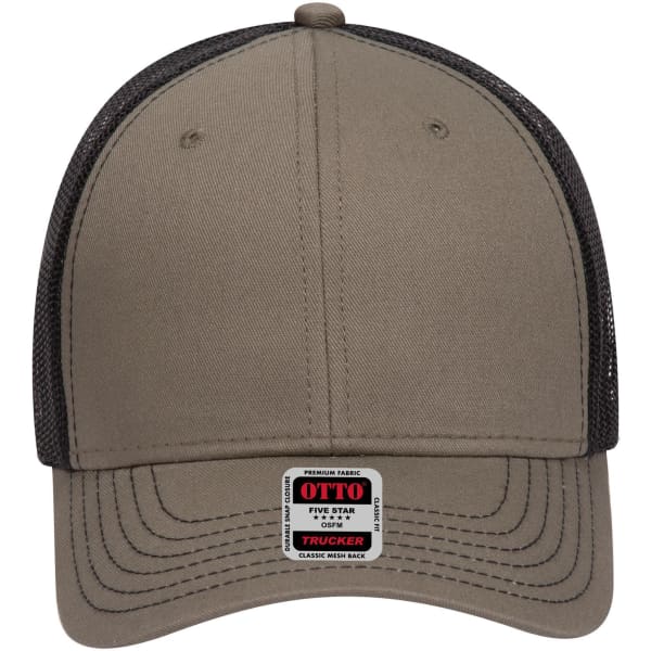 A 6 panel low profile trucker cap in khaki with a black mesh back and a label at the front.