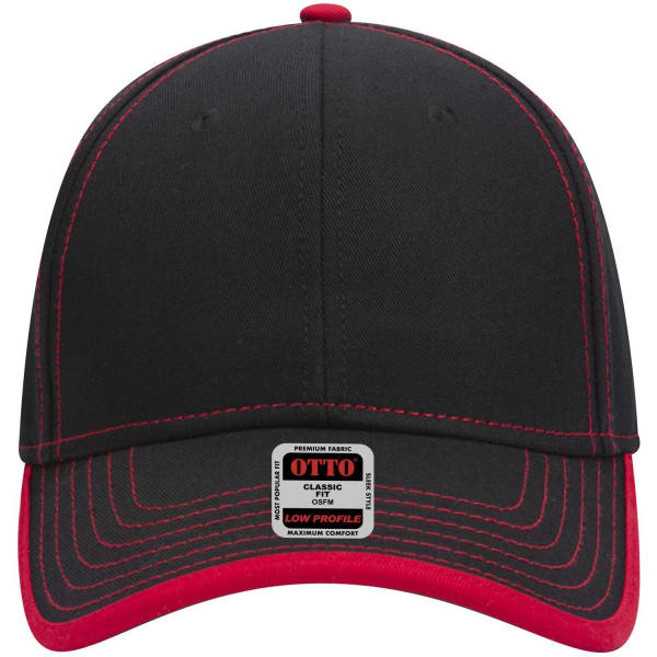 A black and red 6 panel low profile baseball cap with contrasting stitching and a logo on the label.