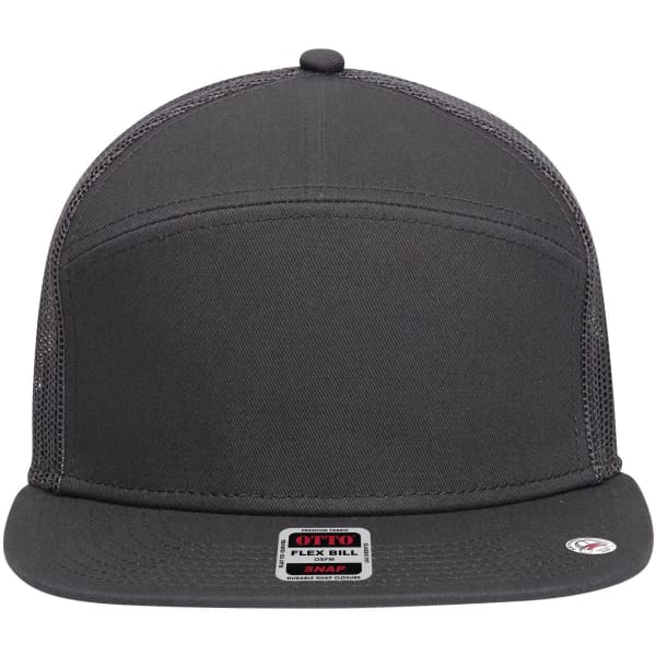 A grey 7 Panel Trucker Cap with a structured front and mesh sides, featuring a logo at the back.
