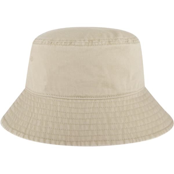 A beige bucket hat with a wide brim, featuring a textured pattern and a small logo.
