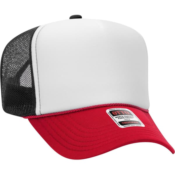 A red and white 5 Panel High Crown Trucker Cap with a black mesh back and a logo.