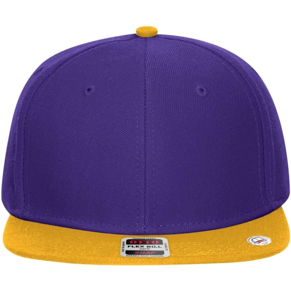A purple snapback cap with a yellow brim and an adjustable strap, featuring a logo on the underside.