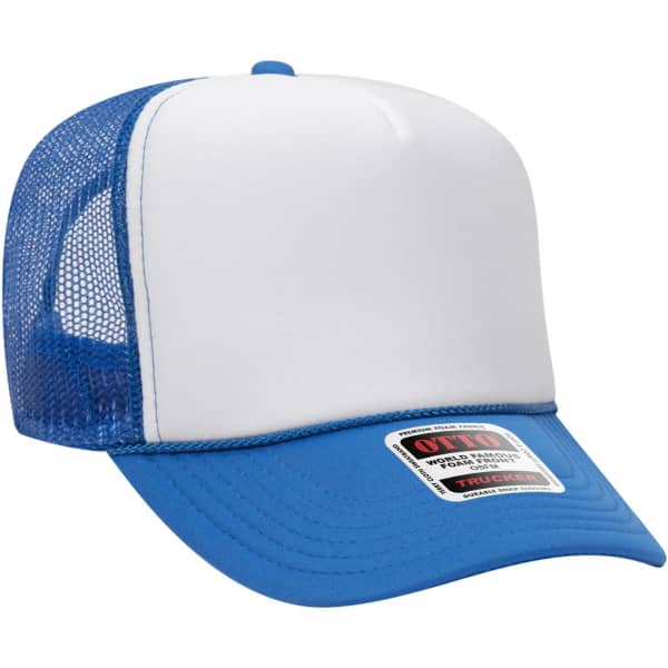 A blue and white 5 Panel High Crown Trucker Cap with mesh sides and a branded label on the front.