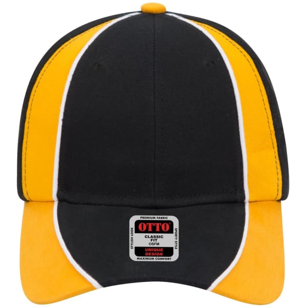 A black and yellow 6 panel low profile baseball cap with a logo and contrast stitching.