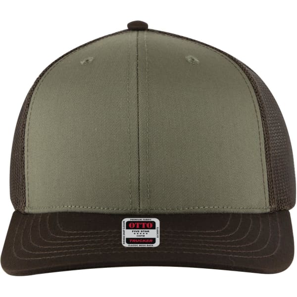 A mid-profile trucker cap in olive green with a brown visor and mesh sides, featuring a logo on the front.