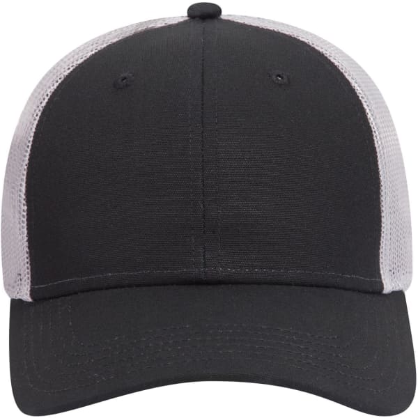 A black and grey 6 panel low profile trucker cap featuring a mesh back and a logo on the front.
