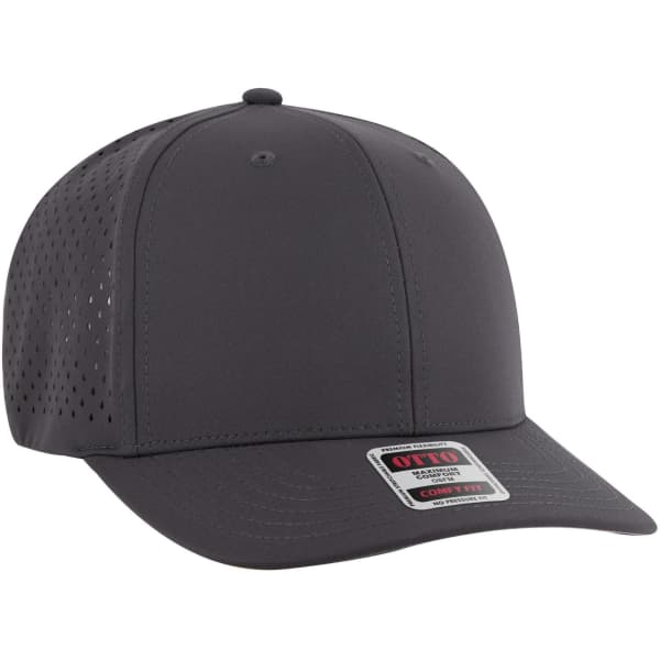 A dark grey six-panel mid-profile baseball cap with perforated sides and a branded label.