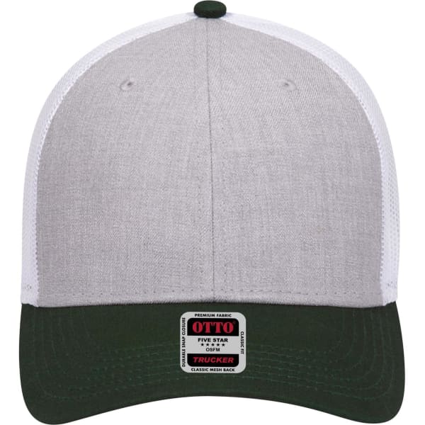 A grey and white 6 panel low profile trucker cap with a dark green brim and a logo on the front.