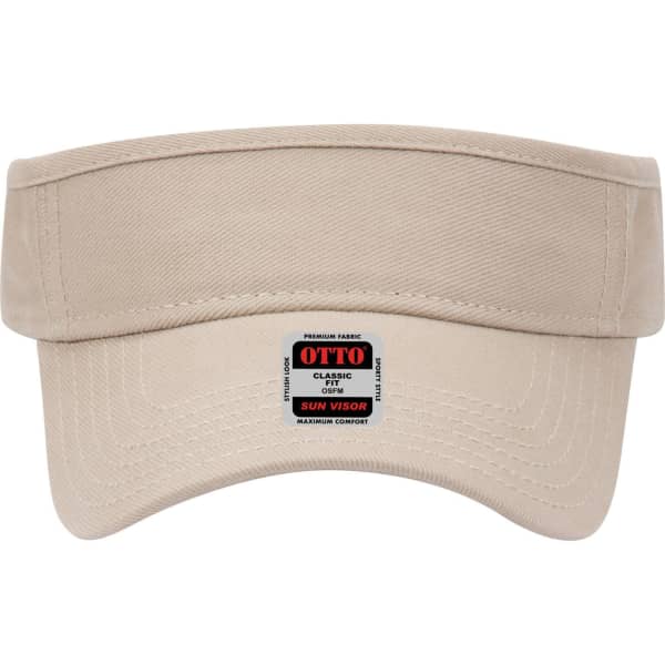 A beige sun visor with a wide brim and a logo on the front. The fabric appears durable and premium.