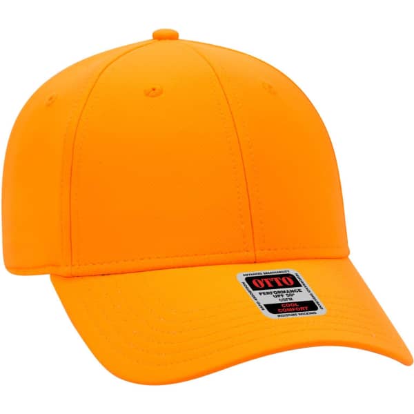 An orange UPF 50+ 6 panel low profile baseball cap with a logo on the front.