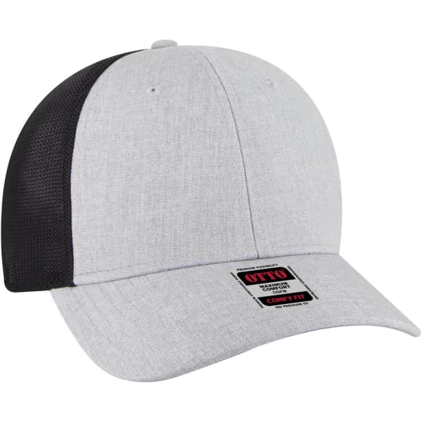 A grey and black 6-panel low profile baseball cap with a mesh back and a logo.