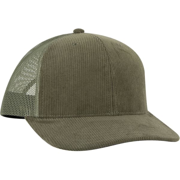 A mid-profile trucker cap in olive green with a corduroy front and mesh sides. Features a logo on the front.