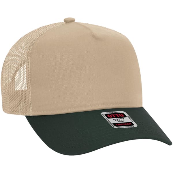 A 5 Panel Mid Profile Trucker Cap in beige with a green peak and mesh sides, featuring a branded label.