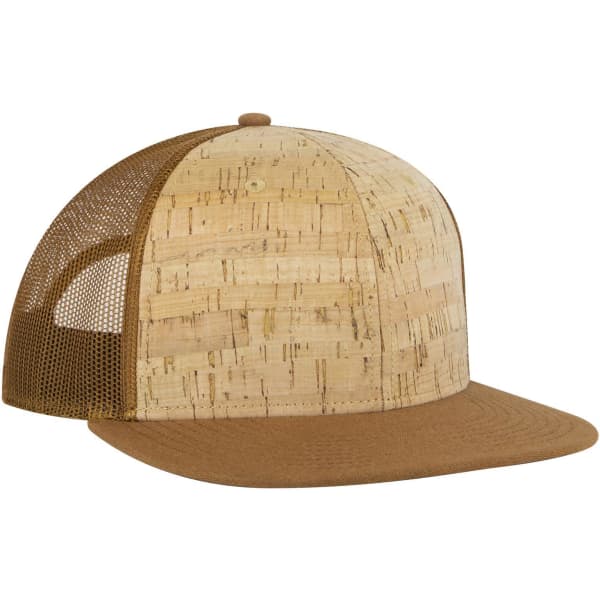 A brown 6 panel mid profile trucker cap with a cork front and mesh back, featuring a branding logo.