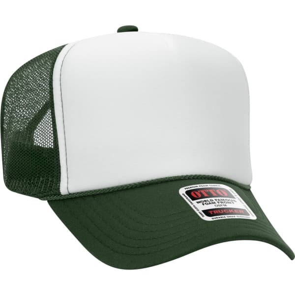 A green and white 5 Panel High Crown Trucker Cap with a mesh back and a logo on the front.