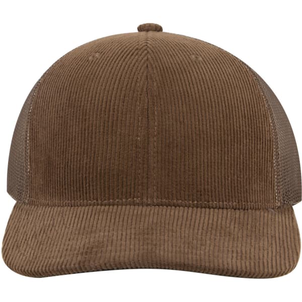 A brown corduroy trucker cap featuring a mid profile design and a logo on the front.