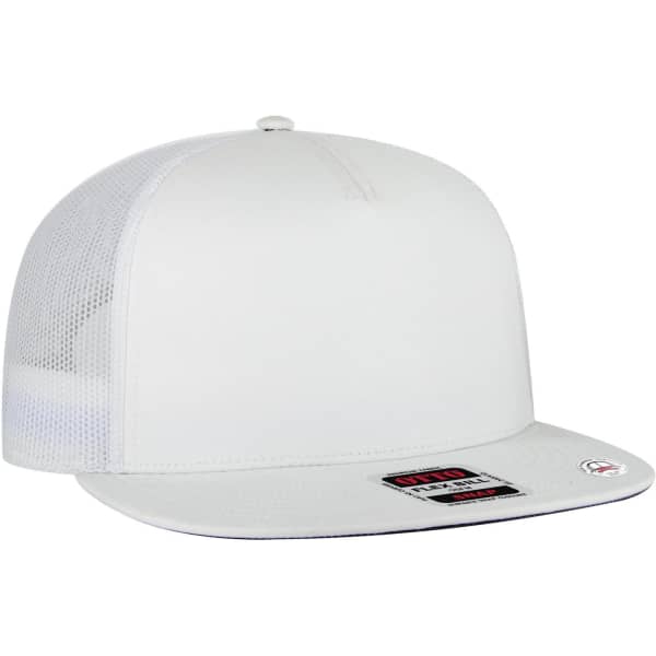 A white 5 panel pro style trucker cap featuring a mesh back and a branded logo on the front.