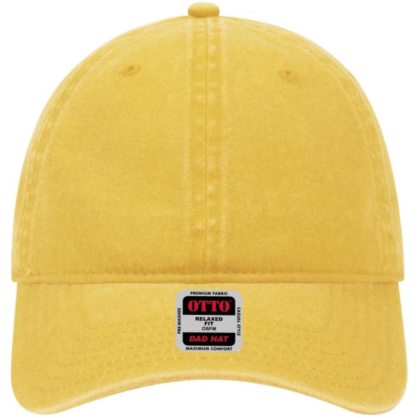 A yellow 6 panel low profile dad cap with a curved visor and a branding label on the front.