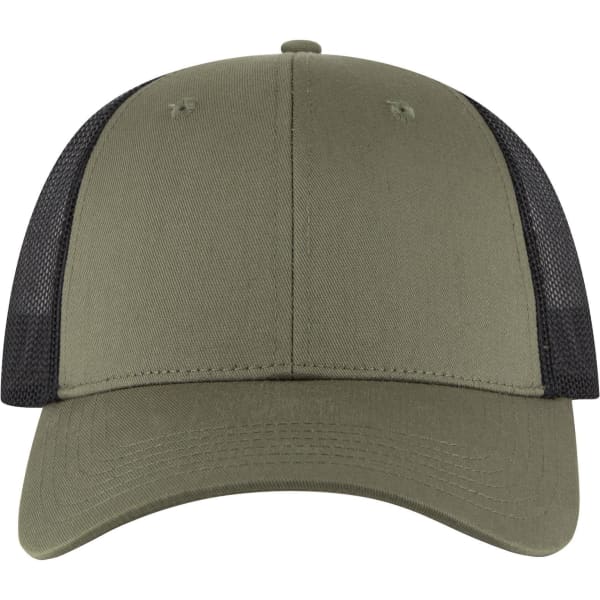 A low-profile trucker cap in olive green with a black mesh back and a curved brim. It features a logo on the front.