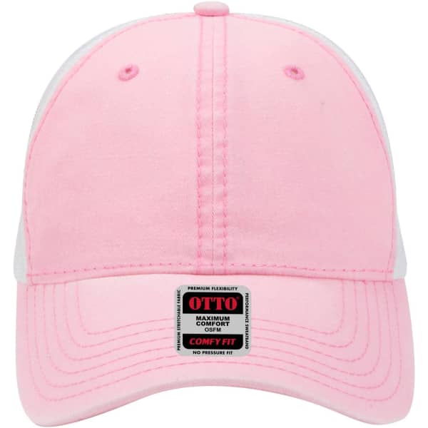 A pink and white low profile trucker cap with a six-panel design and a logo on the front.