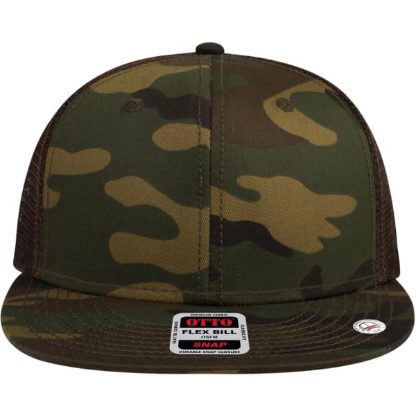 A camo-patterned 6 panel mid-profile trucker cap in green and brown, featuring a branded logo.
