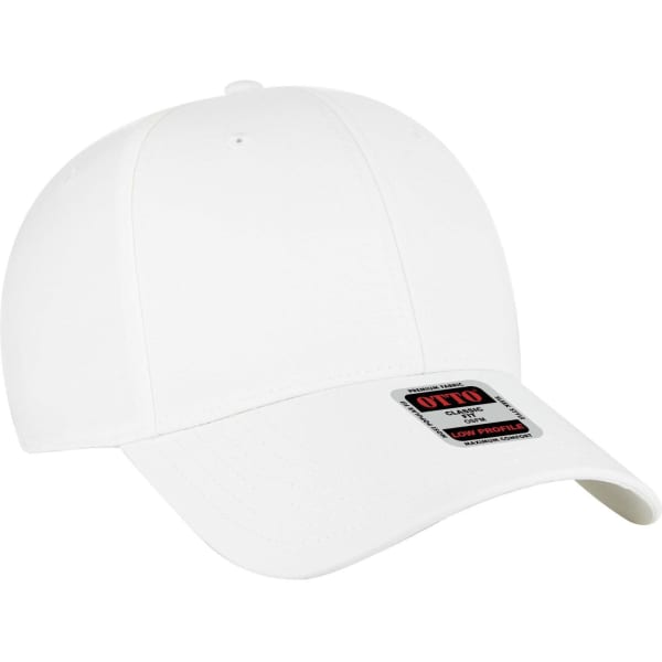 A white 6-panel low profile baseball cap featuring a logo on the front.