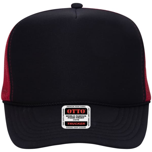 A high crown trucker cap featuring a black front and red mesh sides, complete with a logo and snap closure.