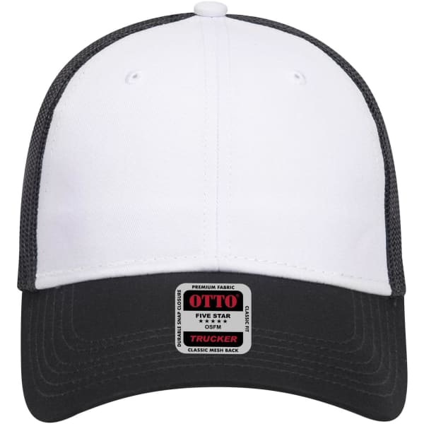 A white and black 6 panel low profile trucker cap with a mesh back and a logo on the front.