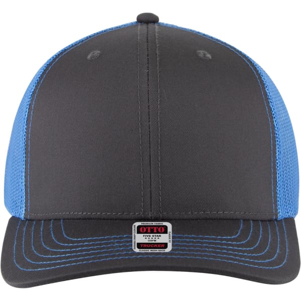A 6-panel mid profile trucker cap featuring a grey front and blue mesh back, with a branding label.