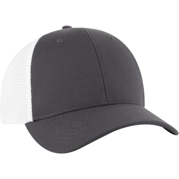 A grey and white low profile trucker cap featuring a six-panel design and a logo on the front.