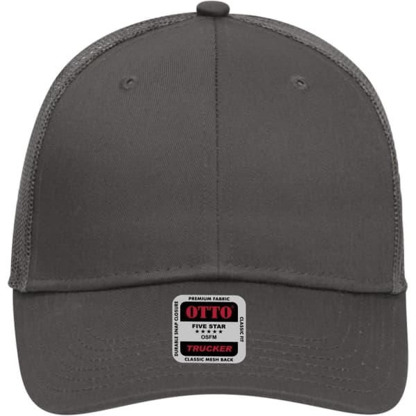 A low profile trucker cap in grey with a mesh back and a branded label on the front.