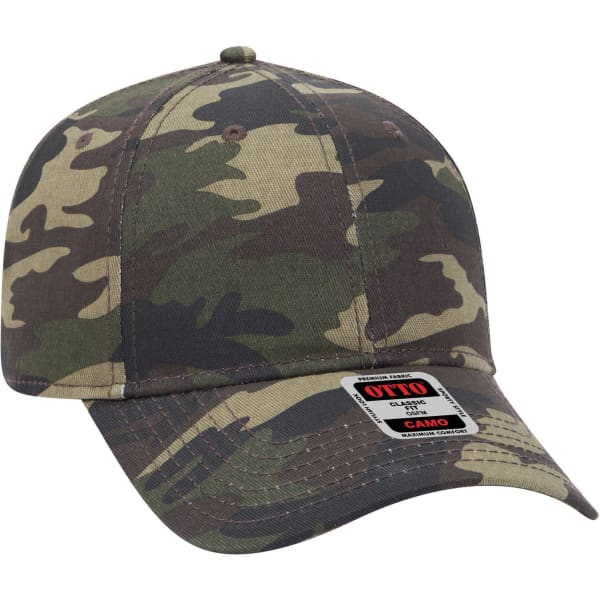 A camouflage-patterned, low profile baseball cap with a curved brim and a branding tag.