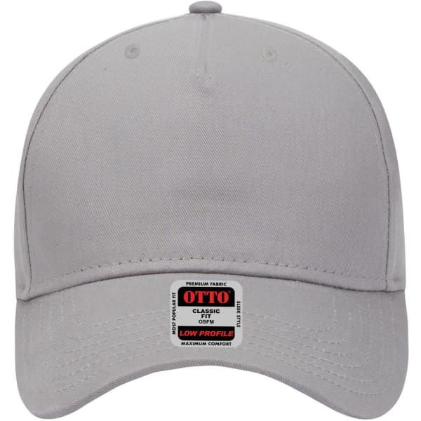A grey 5-panel low profile baseball cap with a logo tag on the front.