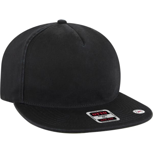 A black five-panel low profile dad cap featuring a branded logo on the front and a flat visor.