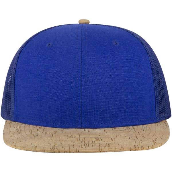 A blue trucker cap featuring a cork peak and a logo. The cap has a mid-profile design and a six-panel structure.