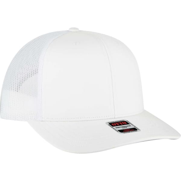A white mid-profile trucker cap with a solid front and mesh back, featuring a logo on the label.