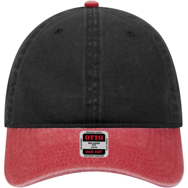 A black and red 6 Panel Low Profile Dad Cap featuring a branded label on the front.