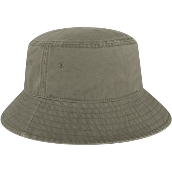A green bucket hat with a wide brim and stitched detailing. The hat features ventilation holes and a logo.