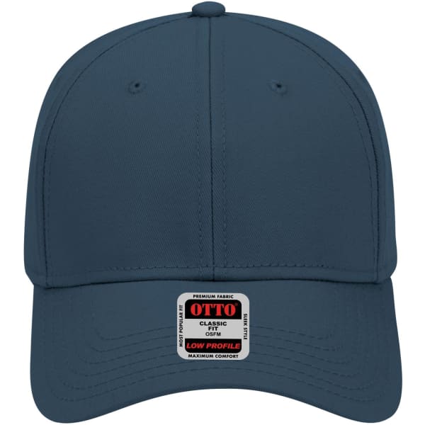 A navy blue 6-panel low profile baseball cap featuring a logo on the front and a curved peak.
