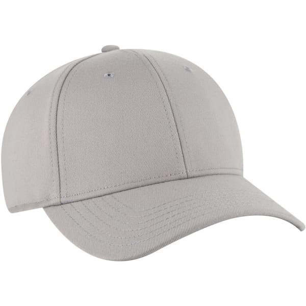 A grey six-panel low profile baseball cap with a soft fabric and a logo on the front.