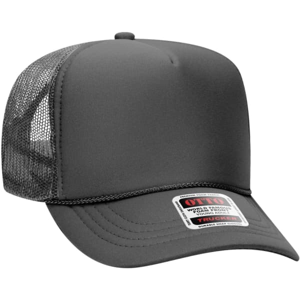 A grey 5 panel high crown trucker cap featuring mesh sides and a branding label on the front.