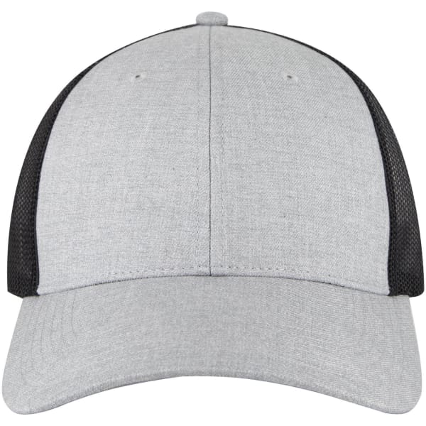 A grey 6 panel low profile trucker cap with black mesh sides and a rounded brim. Features a logo on the front.