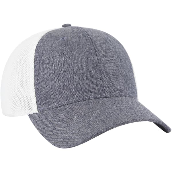 A grey and white low profile baseball cap with a six-panel design and a mesh back. It features a logo.