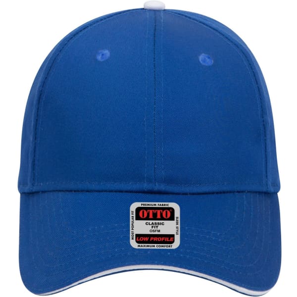 A blue 6 panel low profile baseball cap with a logo and white accents on the brim and eyelets.