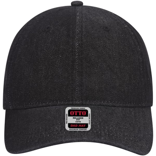 A black 6 panel low profile dad cap with a relaxed fit and a generic label on the front.